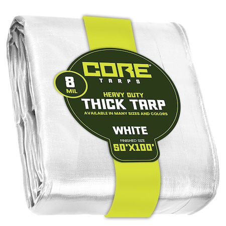 Core Tarps Heavy Duty Tarp, 100 ft L x 0.5 mm H x 50 ft W, 8 Mil, White, Polyethylene CT-404-50X100